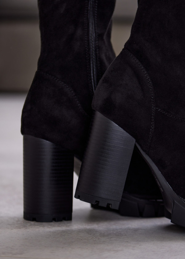 Black Suede Knee High Boots with Block Heel 2
