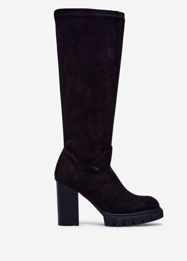 Black Suede Knee High Boots with Block Heel 3