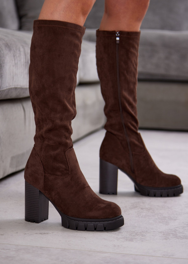 Brown Suede Knee-High Block Heel Boots 1