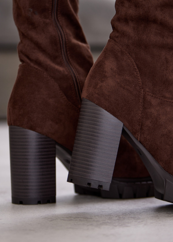 Brown Suede Knee-High Block Heel Boots 2