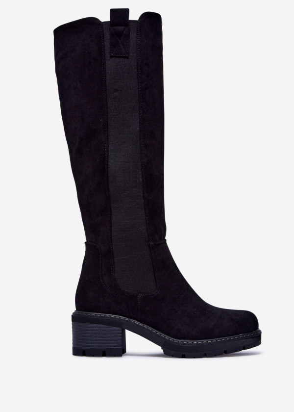 Black Suede Knee High Boots with Block Heel 2