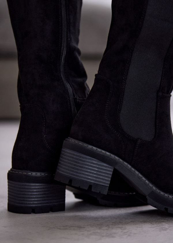 Black Suede Knee High Boots with Block Heel 3