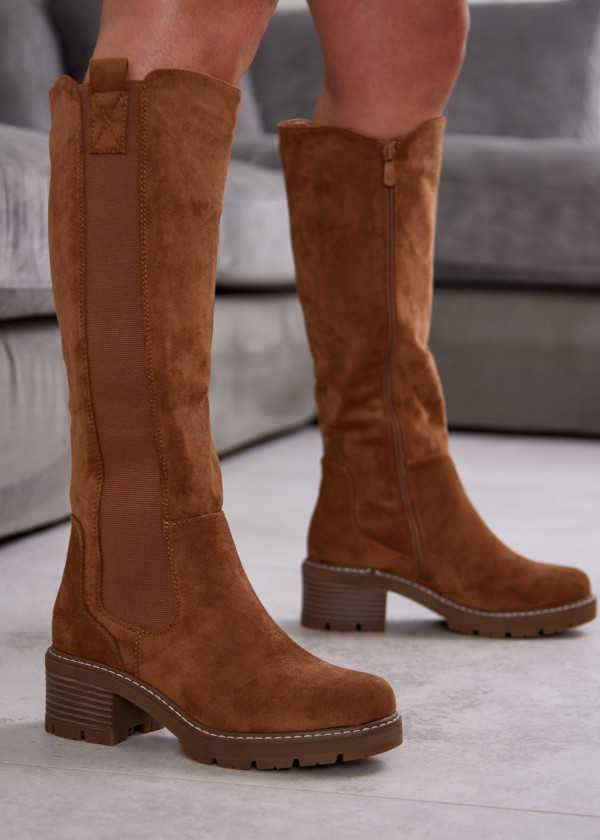 Tan Suede Knee-High Boots with Block Heel 1
