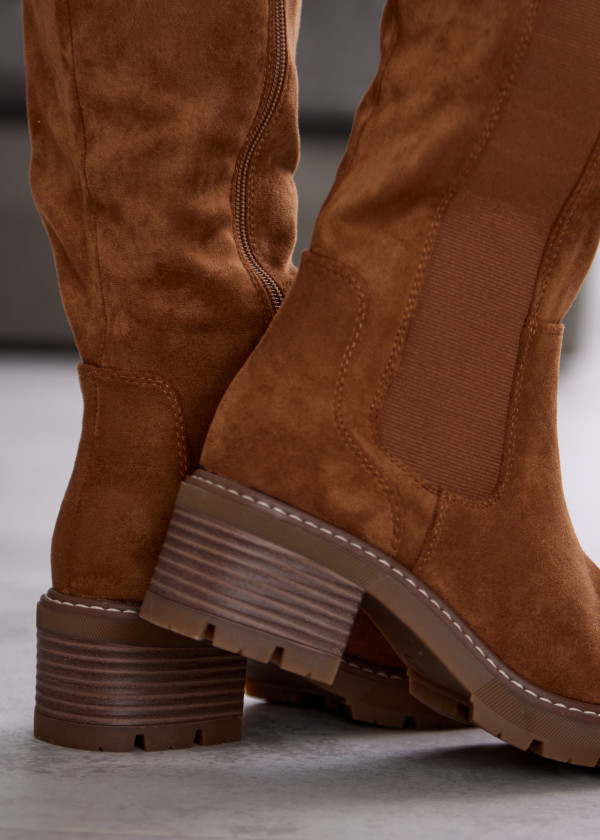 Tan Suede Knee-High Boots with Block Heel 2