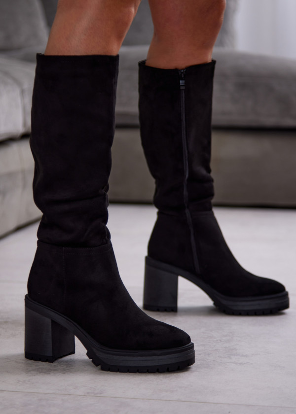 Black Suede High Heel Knee Boots with Block Heel
