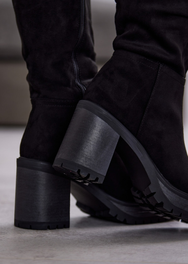 Black Suede High Heel Knee Boots with Block Heel 2