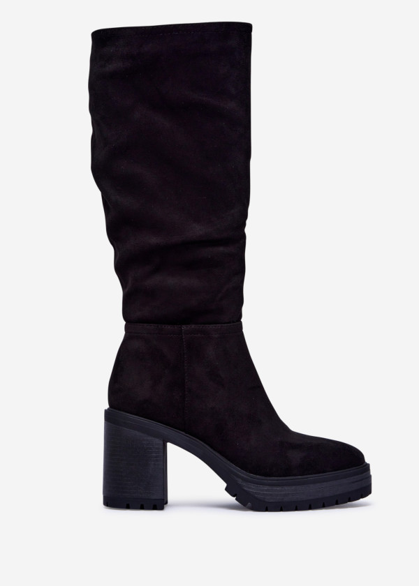 Black Suede High Heel Knee Boots with Block Heel 3