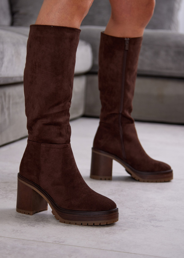 Brown Suede Knee-High Boots with Block Heel