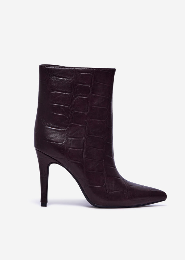 Brown Croc-Embossed Stiletto Heel Ankle Boots 3