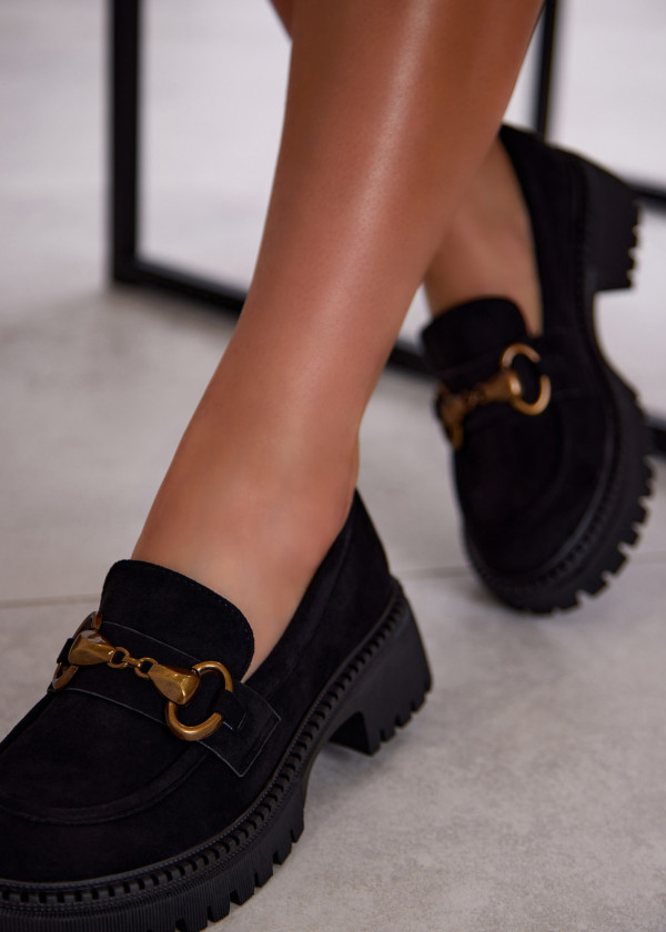 Black Suede Loafers with Chunky Sole and Gold Chain 2