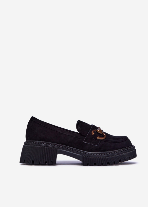Black Suede Loafers with Chunky Sole and Gold Chain 3
