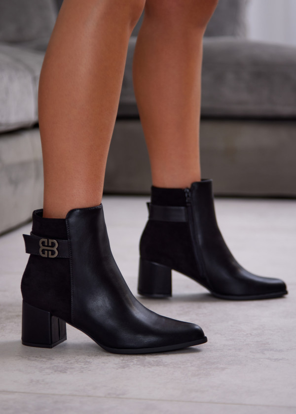 Black Block Heel Ankle Boots with Decorative Buckle 1