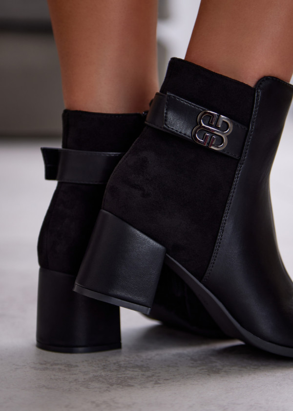 Black Block Heel Ankle Boots with Decorative Buckle 2