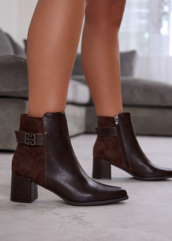 Brown Block Heel Ankle Boots with Decorative Buckle 1
