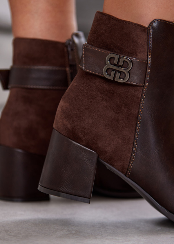 Brown Block Heel Ankle Boots with Decorative Buckle 2