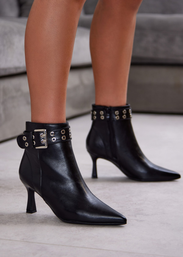 Black Faux Leather Ankle Boots with Buckle Strap and Kitten Heel 1