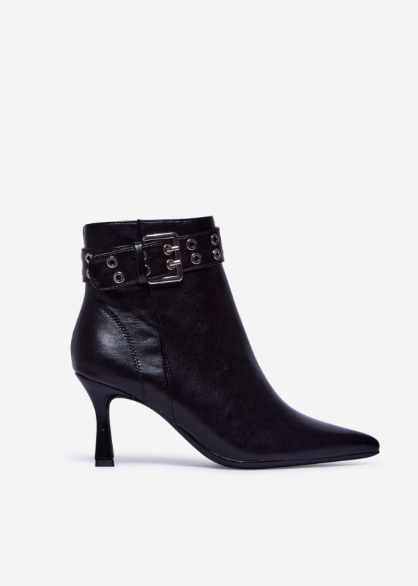 Black Faux Leather Ankle Boots with Buckle Strap and Kitten Heel 3