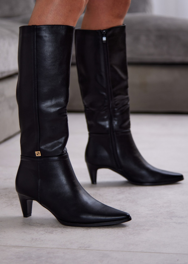 Black Knee-High Boots with Mid Heel and Side Zip 4