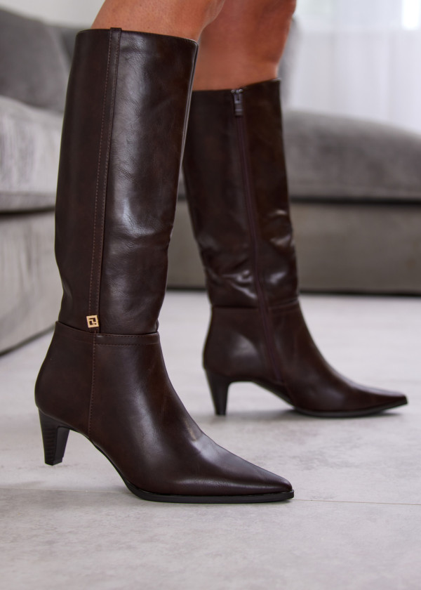 Brown Knee-High Boots with Pointed Toe and Mid Heel 1