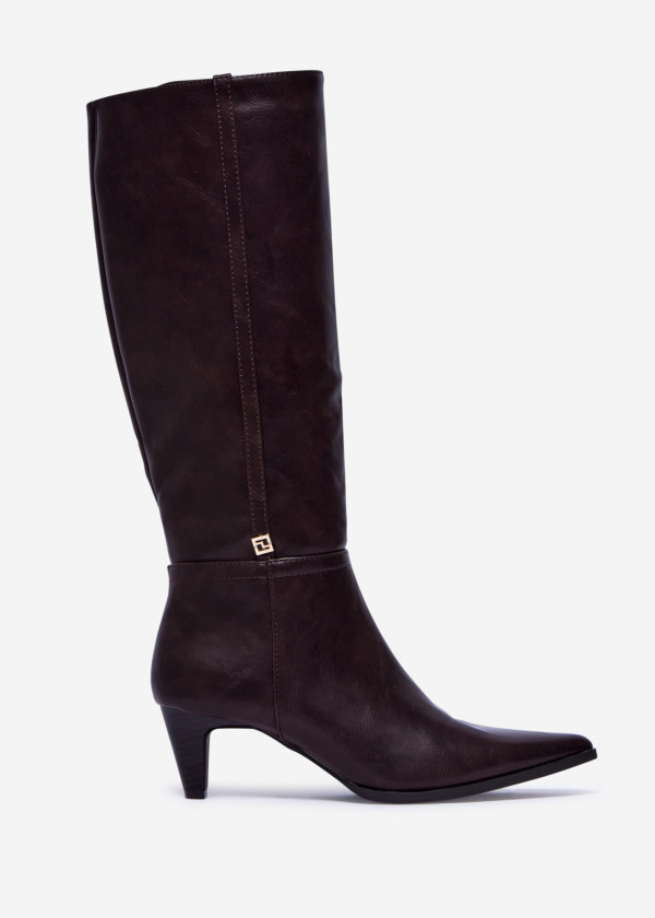 Brown Knee-High Boots with Pointed Toe and Mid Heel 3