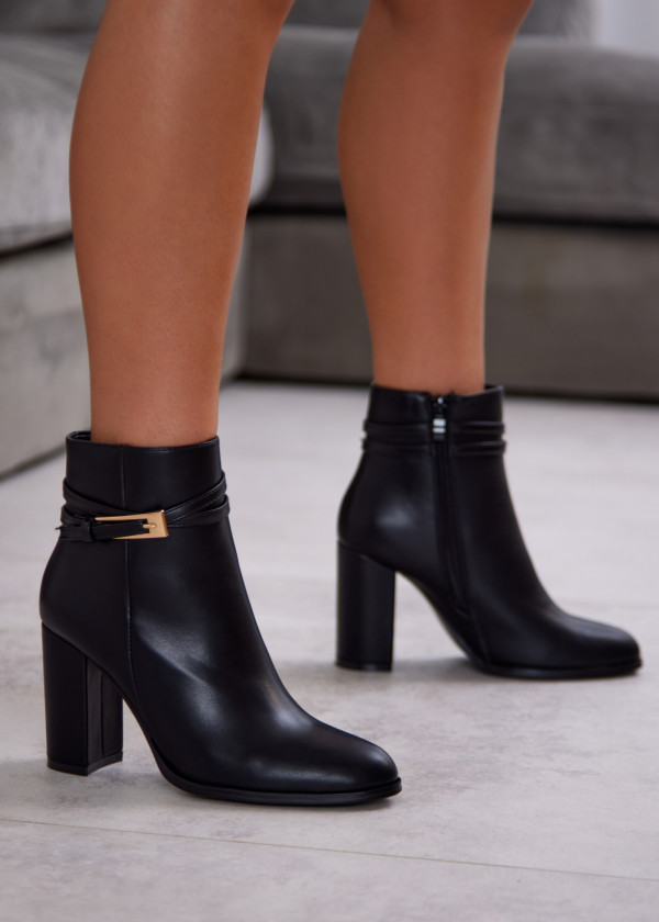 Black Block Heel Ankle Boots with Gold Buckle Detail 1