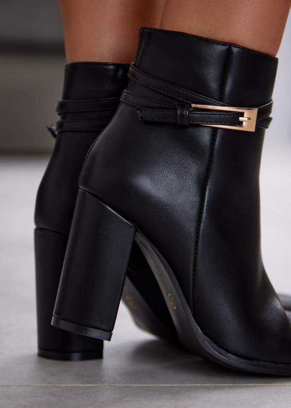 Black Block Heel Ankle Boots with Gold Buckle Detail 2