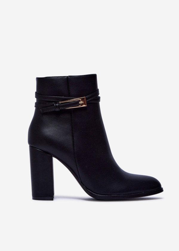Black Block Heel Ankle Boots with Gold Buckle Detail 3