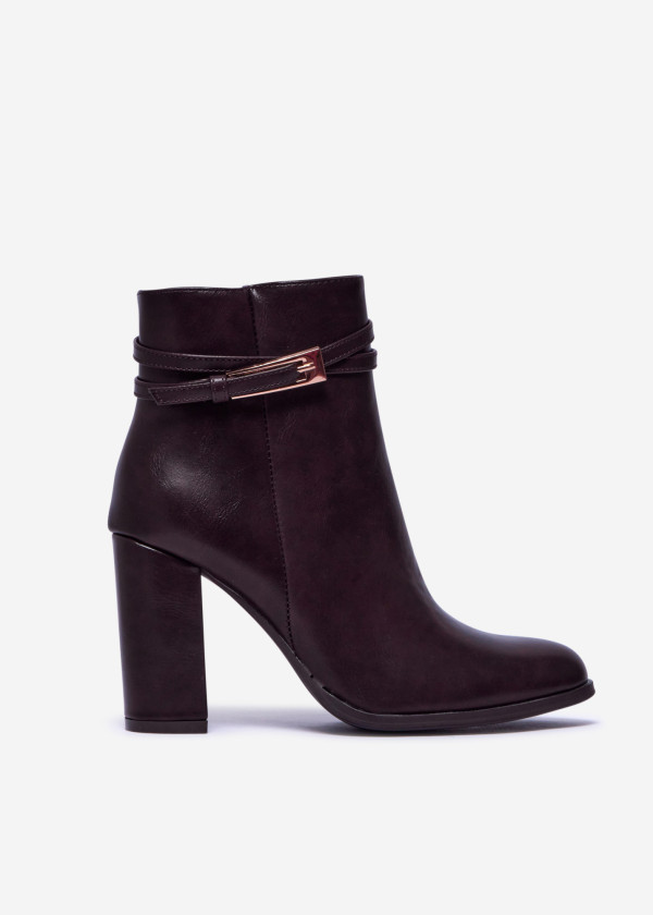 Brown Block Heel Ankle Boots with Gold Buckle 3
