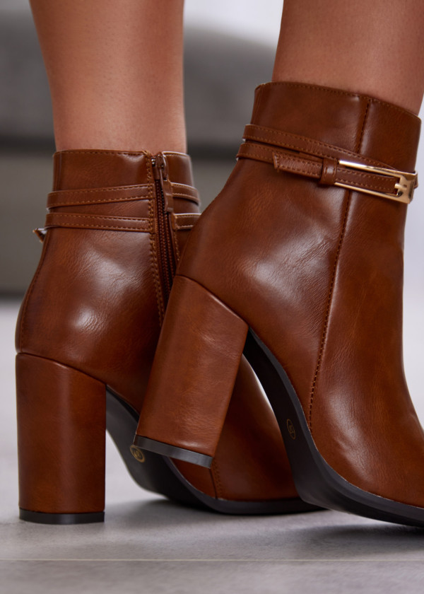 Tan Block Heel Ankle Boots with Gold Buckle 2