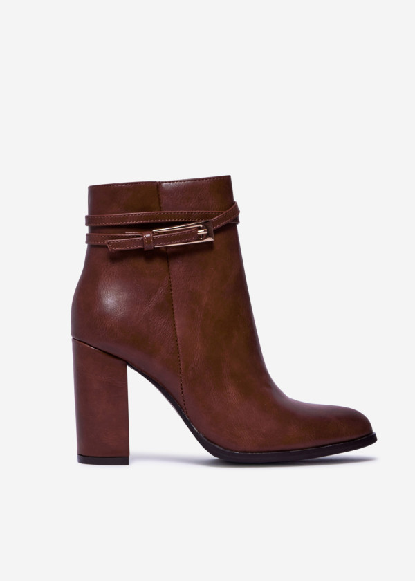 Tan Block Heel Ankle Boots with Gold Buckle 3
