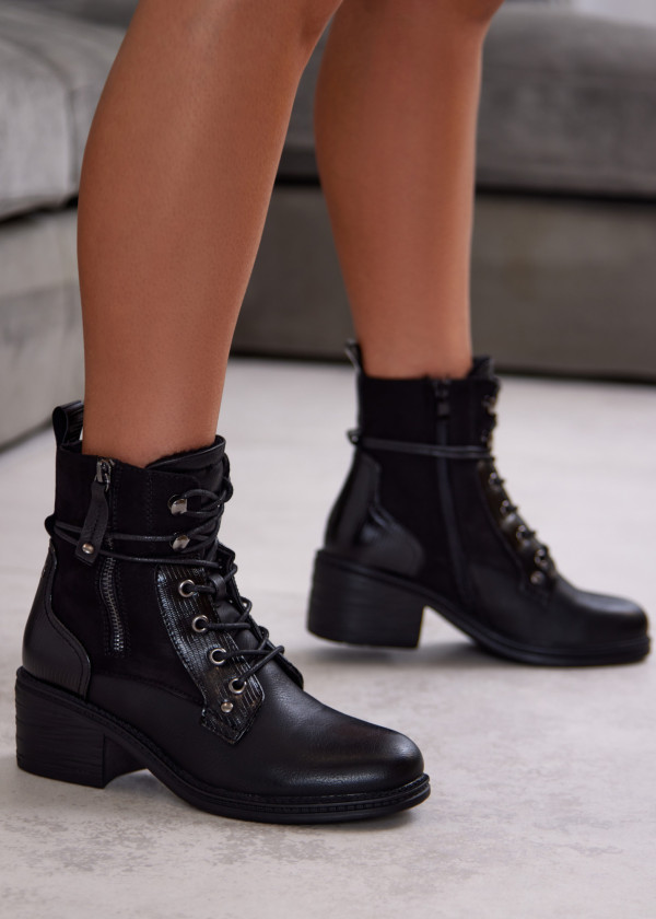 Black Lace-Up Ankle Boots with Block Heel and Side Zipper 2