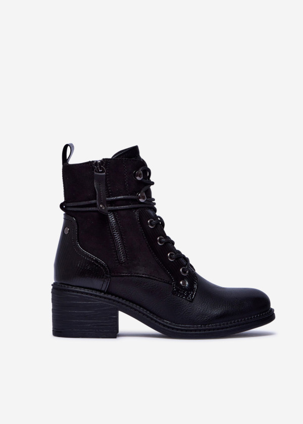 Black Lace-Up Ankle Boots with Block Heel and Side Zipper 3