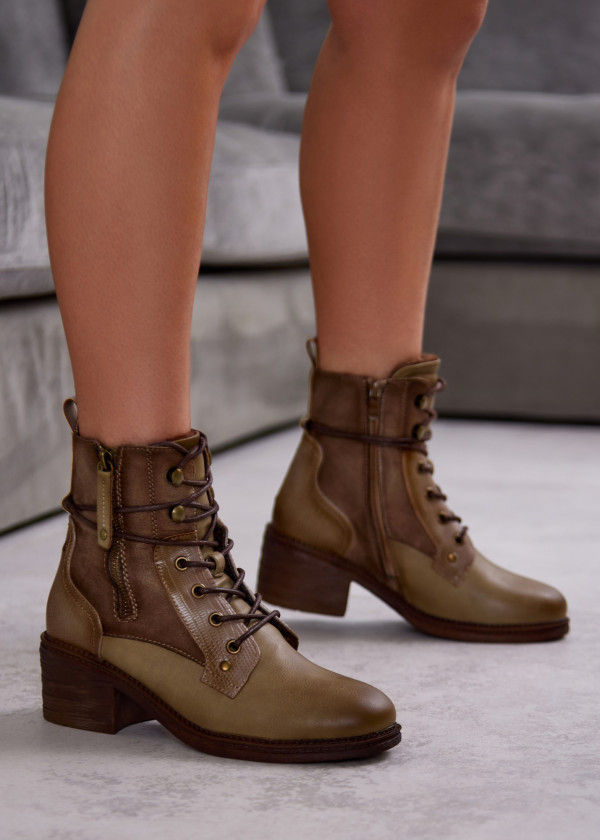 Khaki Lace-Up Ankle Boots with Block Heel and Side Zipper 4