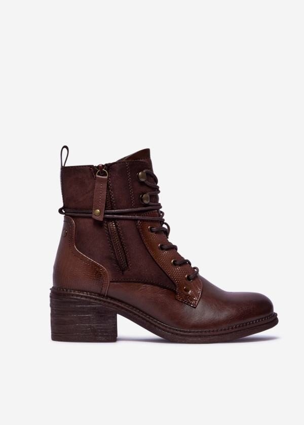 Brown Lace-Up Ankle Boots with Block Heel and Side Zipper 3