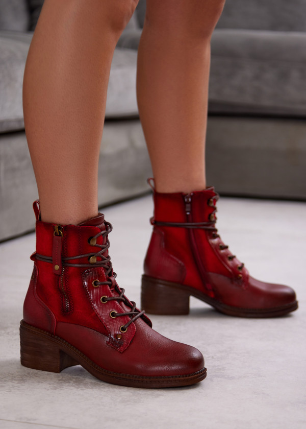 Red Combat Boots with Block Heel and Side Zipper 1