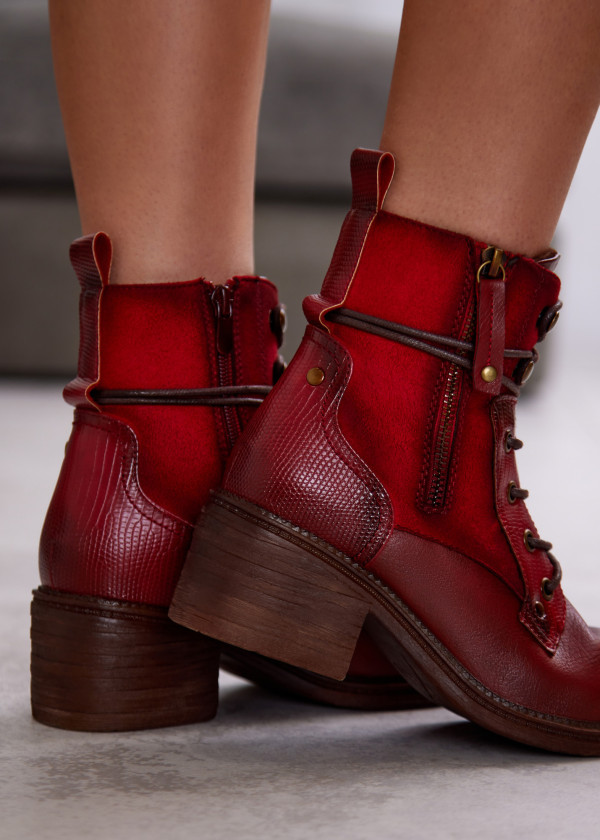 Red Combat Boots with Block Heel and Side Zipper 2