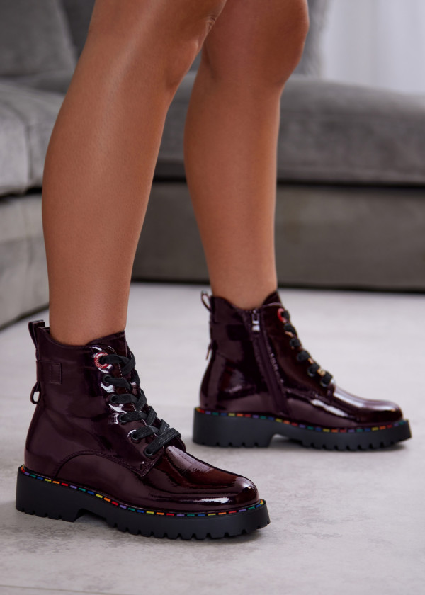 Wine Patent Leather Combat Boots with Rainbow Stitch Sole