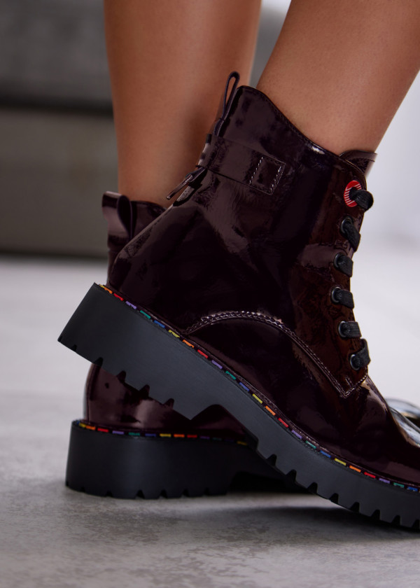 Wine Patent Leather Combat Boots with Rainbow Stitch Sole 2