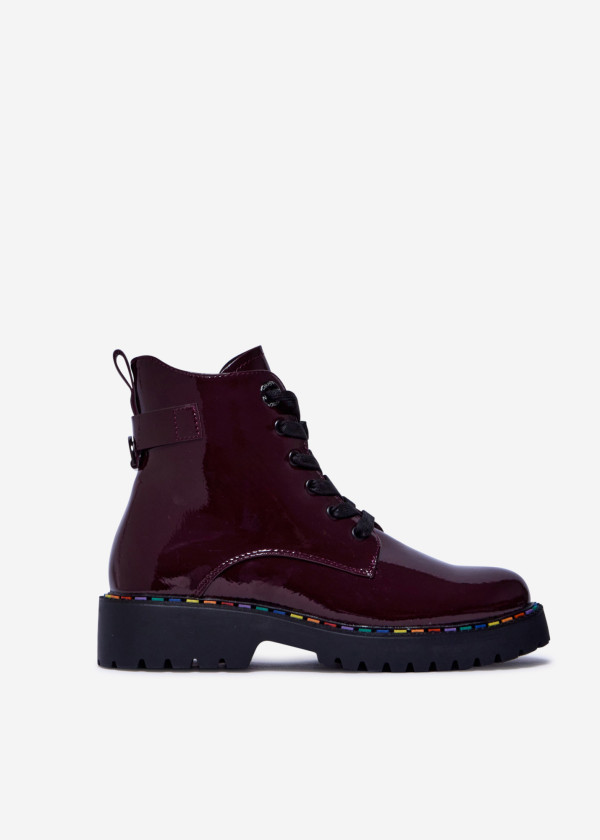 Wine Patent Leather Combat Boots with Rainbow Stitch Sole 3