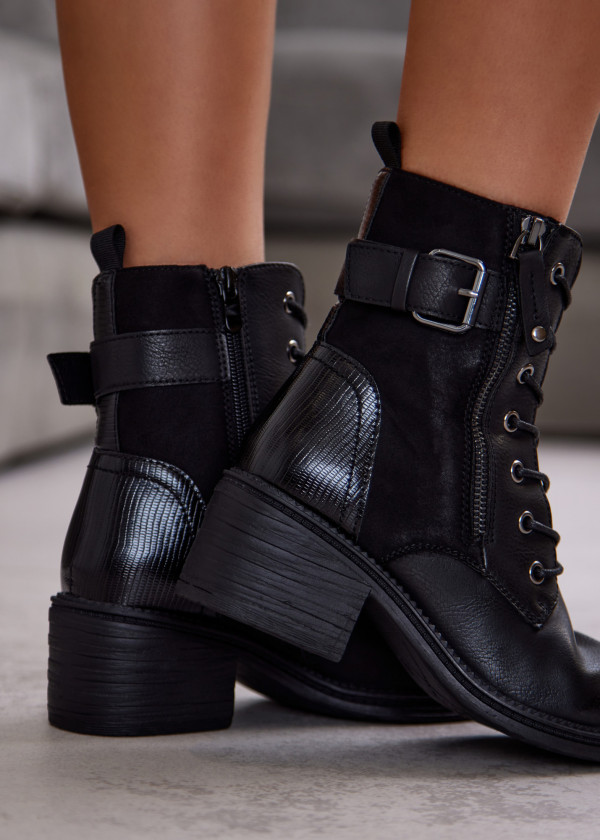 Black Lace-Up Ankle Boots with Buckle and Block Heel 2