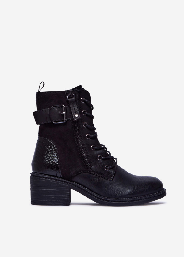 Black Lace-Up Ankle Boots with Buckle and Block Heel 3