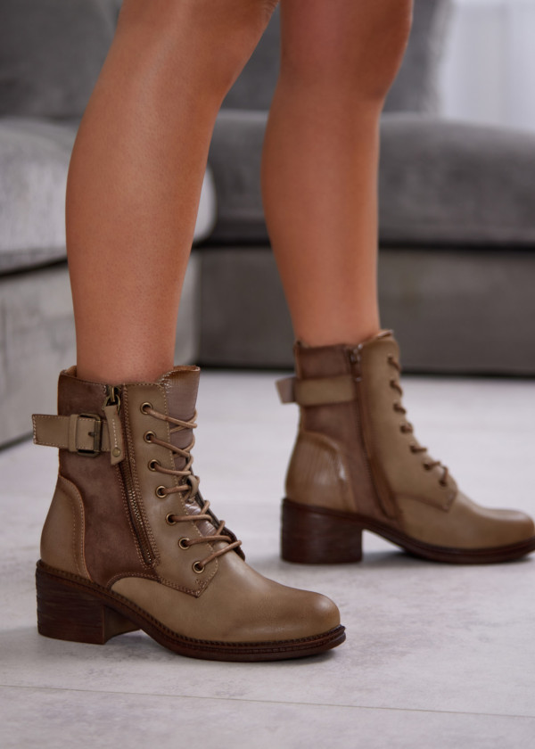 Khaki Ankle Boots with Side Zipper and Buckle 2