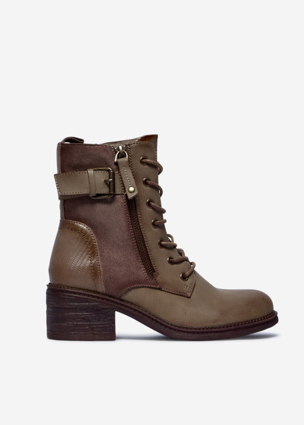 Khaki Ankle Boots with Side Zipper and Buckle 3