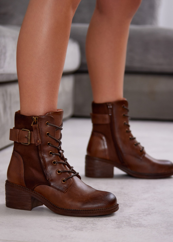 Brown Ankle Boots with Lace-Up, Side Zipper and Buckle Strap 4