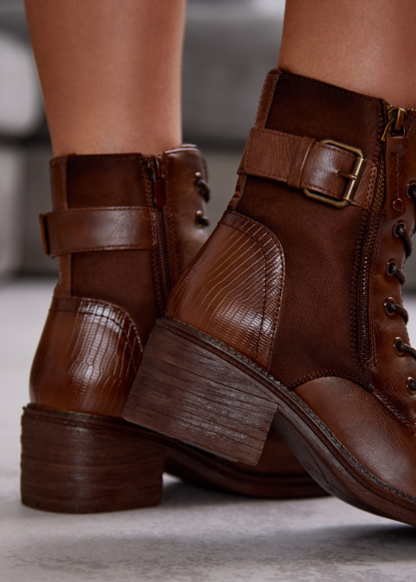 Brown Ankle Boots with Lace-Up, Side Zipper and Buckle Strap 1