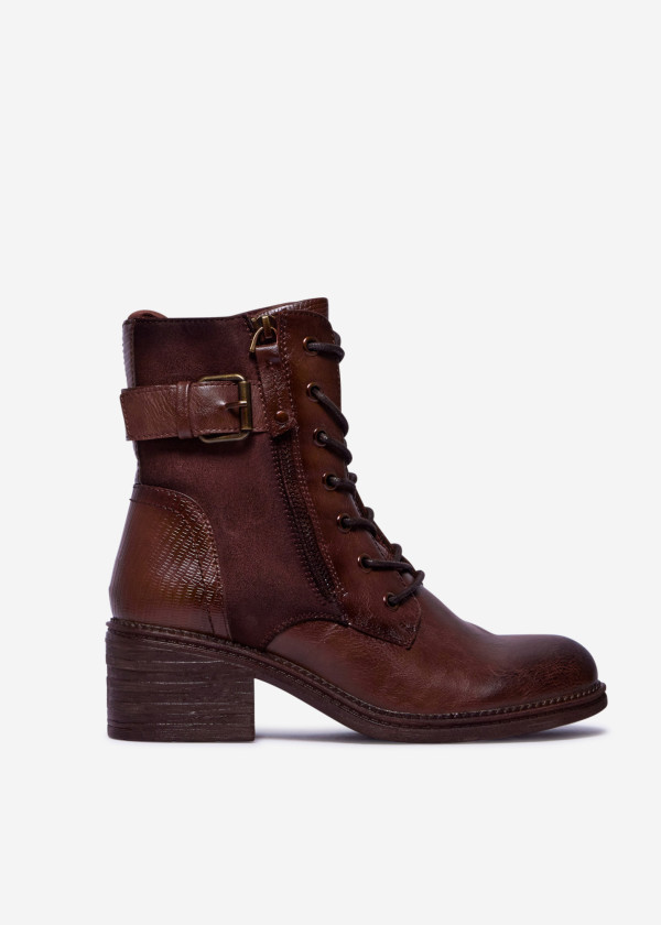 Brown Ankle Boots with Lace-Up, Side Zipper and Buckle Strap 3