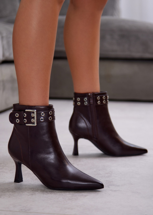 Dark Brown Stiletto Heel Ankle Boots with Buckle Strap 2