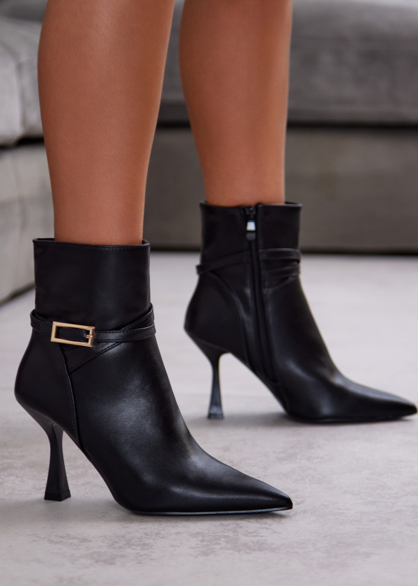 Black Pointed Toe Ankle Boots with Gold Buckle