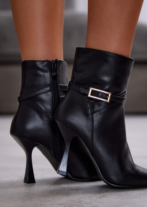 Black Pointed Toe Ankle Boots with Gold Buckle 1