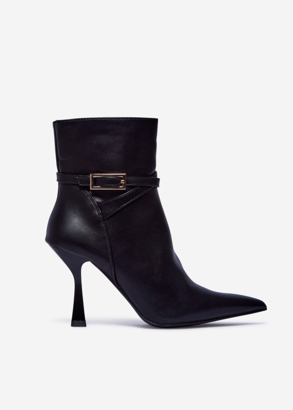 Black Pointed Toe Ankle Boots with Gold Buckle 3